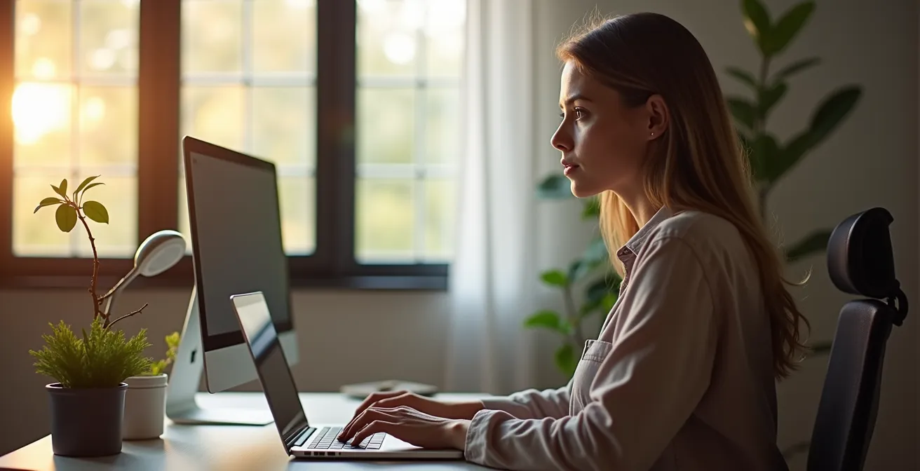 Espace de télétravail moderne à domicile avec équipement professionnel