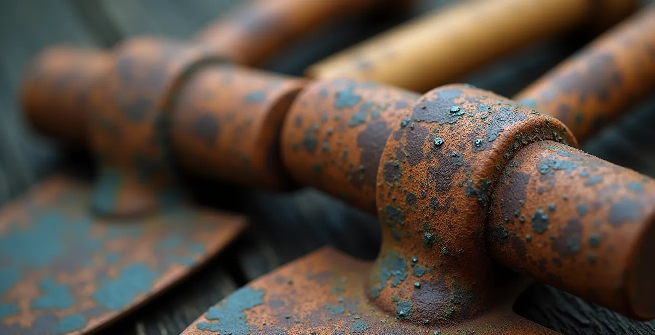 Vue macro d'outils de jardin avec textures de bois et métal patinés