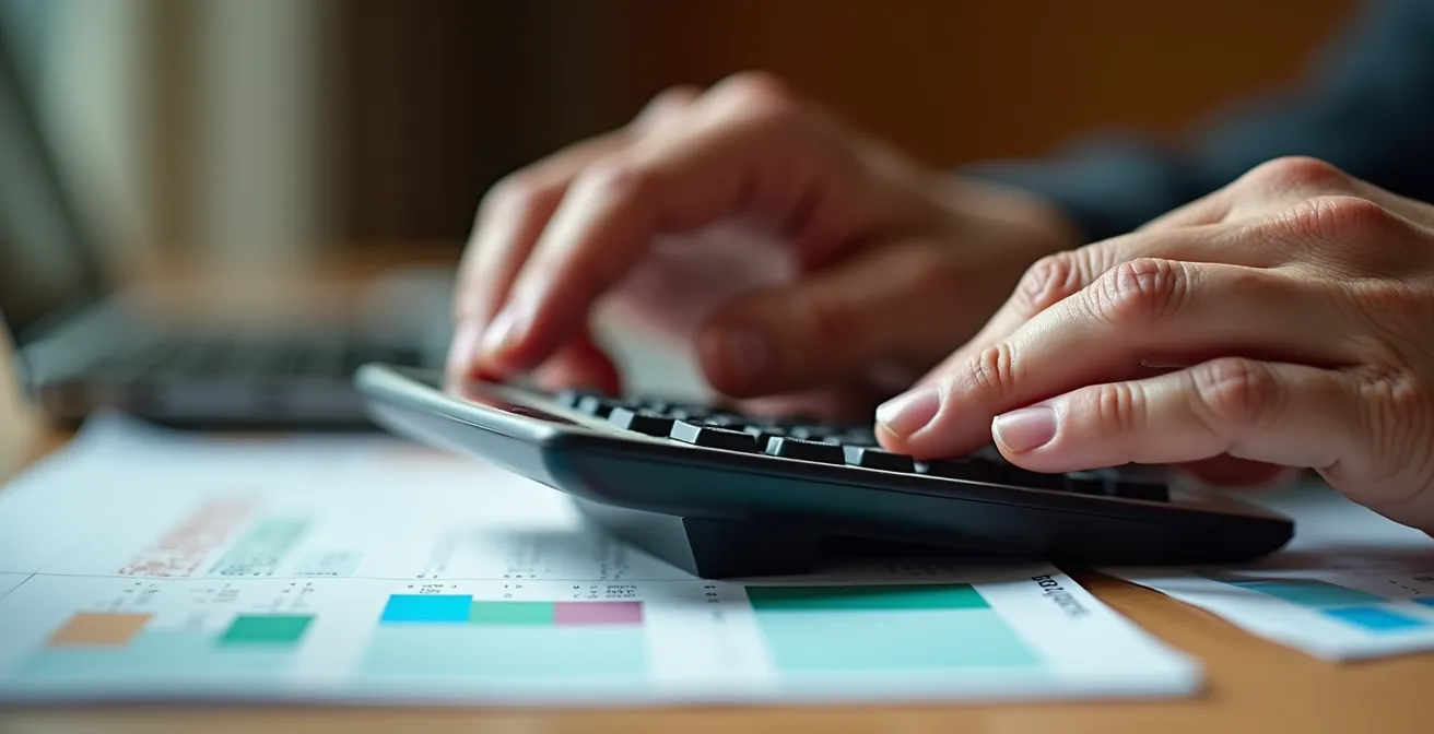 Gros plan sur des mains calculant le remboursement optique avec calculatrice et factures floues