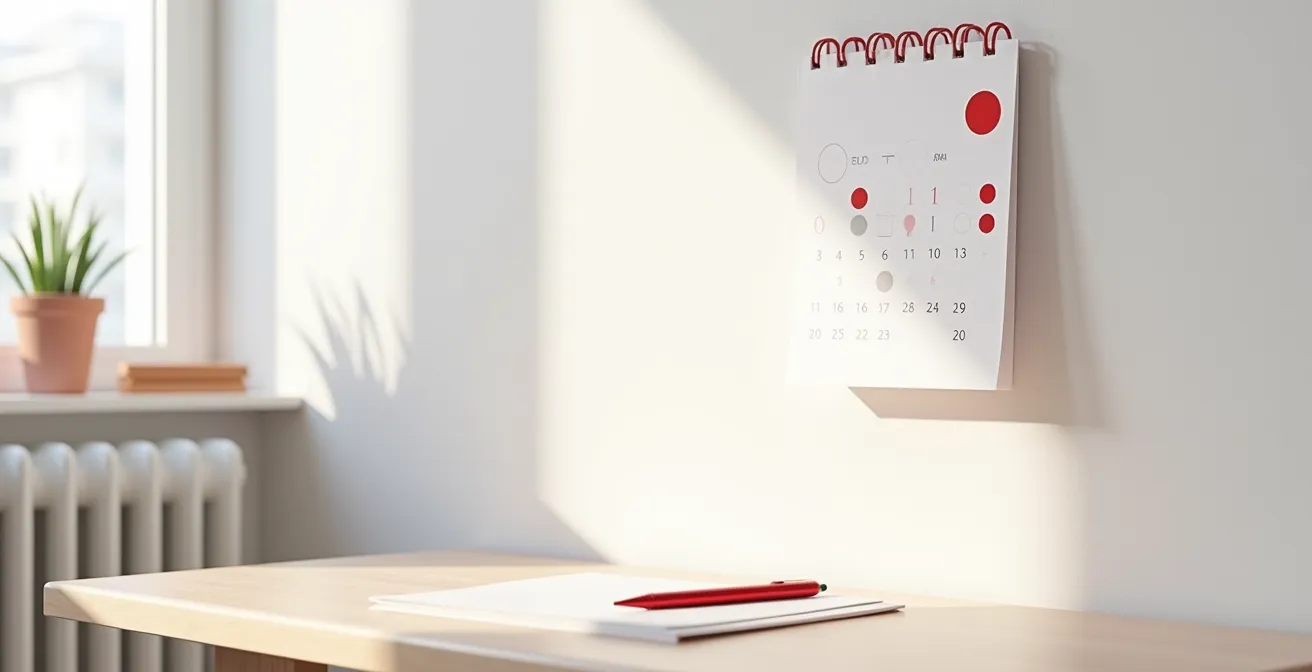 Calendrier avec marqueurs rouges indiquant les délais critiques de déclaration de sinistre