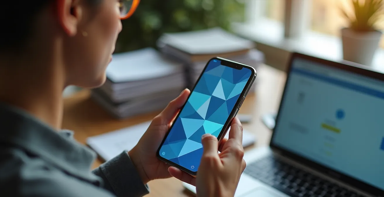 Main tenant un smartphone montrant une interface de déclaration avec horodatage visible, documents flous en arrière-plan