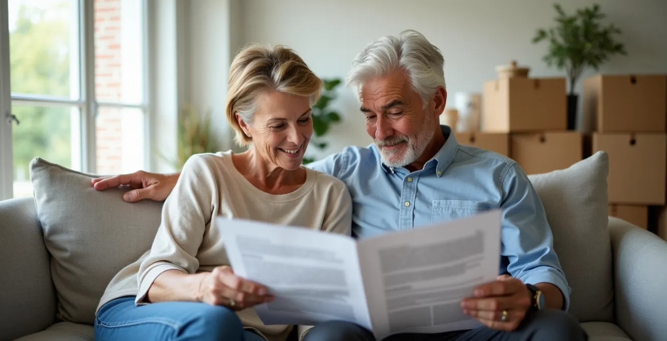 Couple de retraités consultant des documents dans leur nouveau salon lumineux