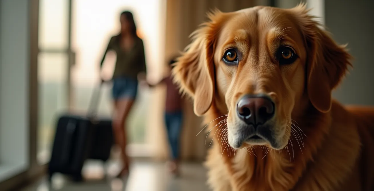 Chien golden retriever avec une famille et leurs valises dans un hall d'accueil