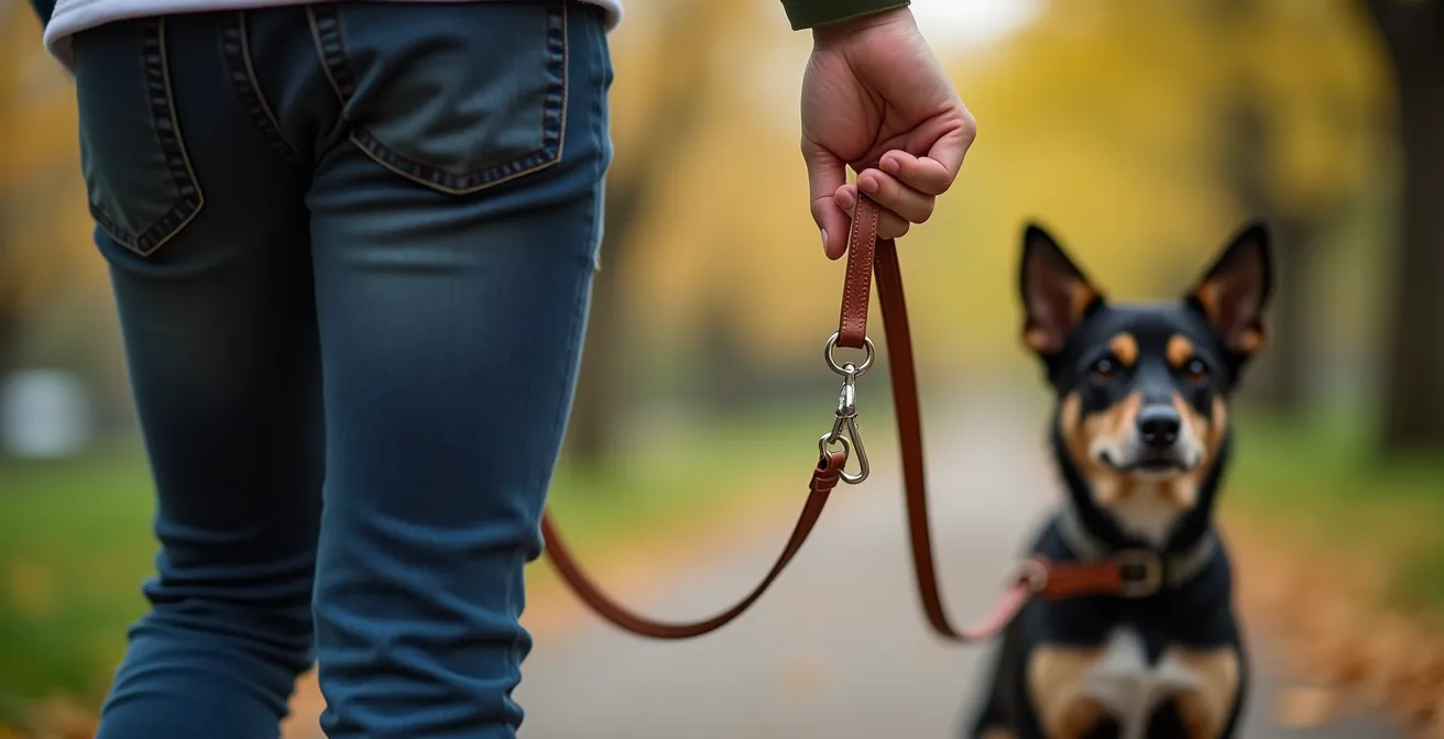 Gros plan sur les mains d'un propriétaire tenant délicatement la laisse de son chien, symbolisant la responsabilité et le contrôle