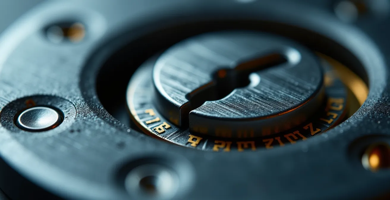 Vue macro d'une serrure numérique avec reflets métalliques