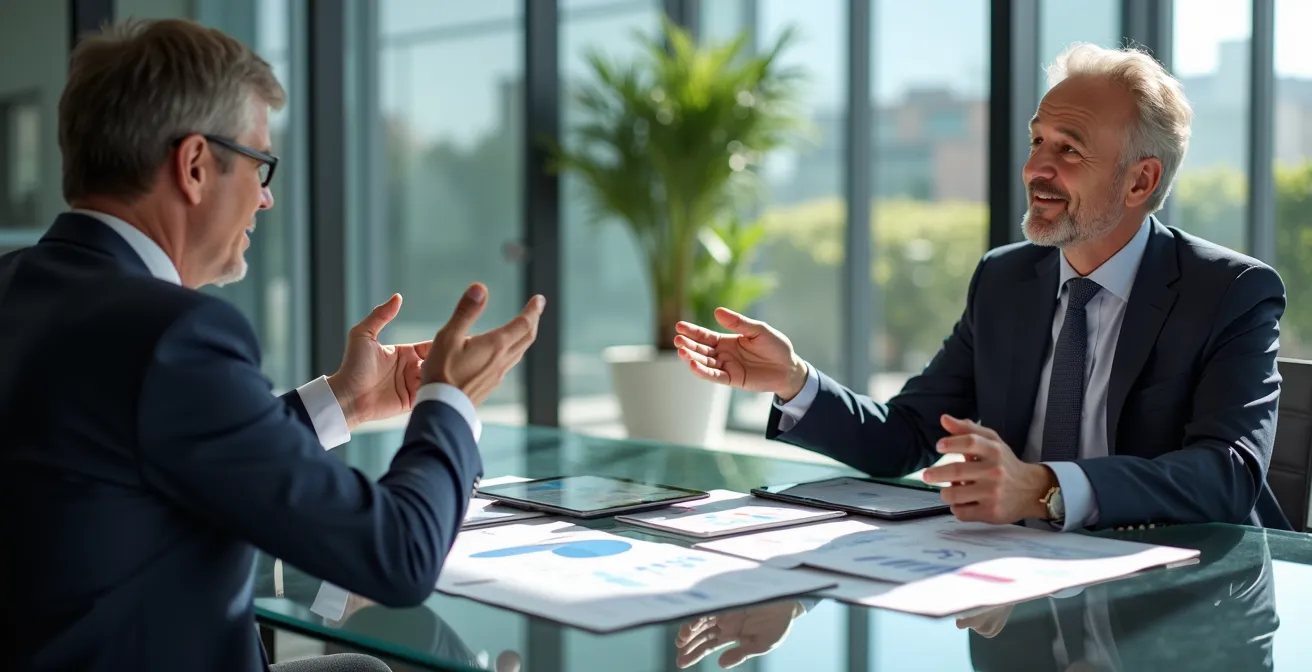 Deux professionnels de l'assurance en discussion dans un bureau moderne