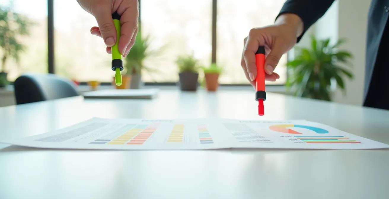 Bureau avec plusieurs documents d'assurance éparpillés et une personne analysant avec des marqueurs colorés