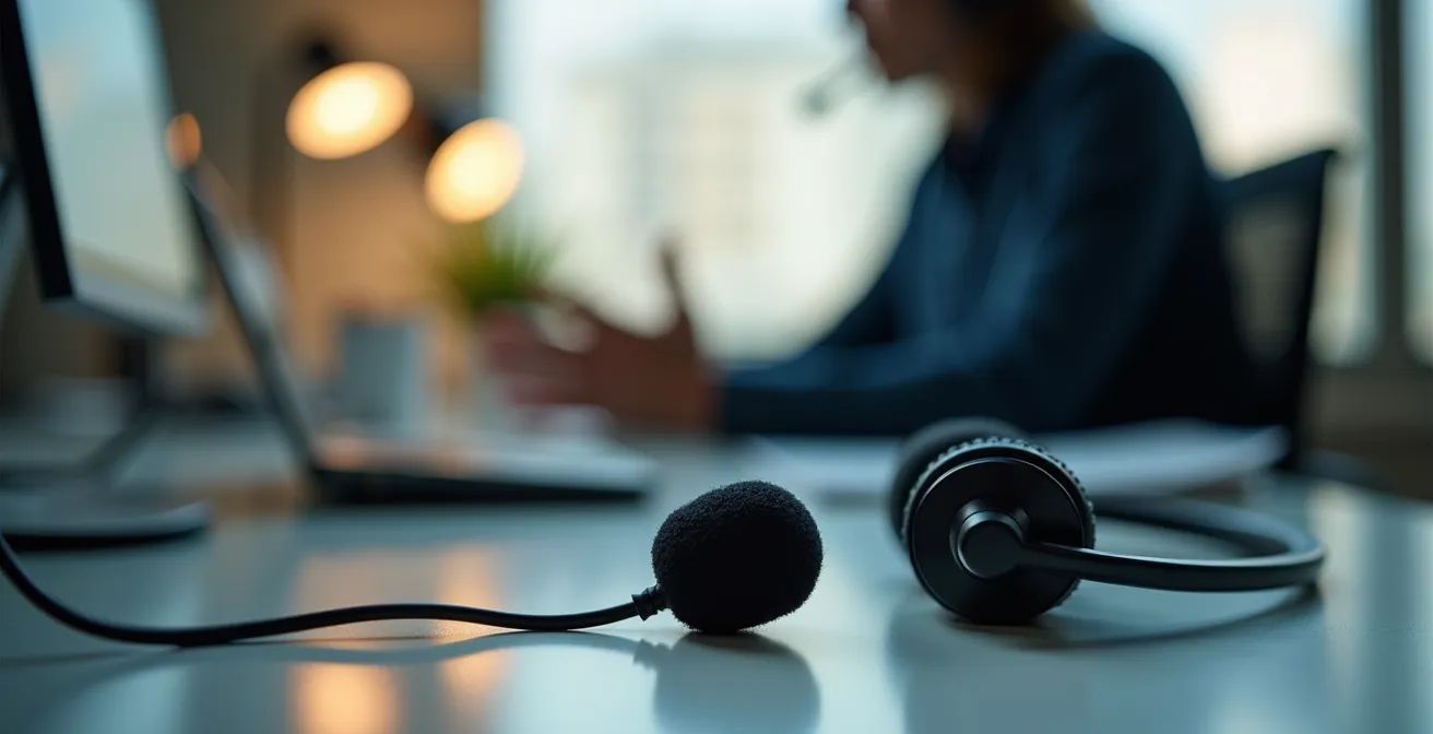 Conseiller en assurance au téléphone avec casque dans un centre d'appels