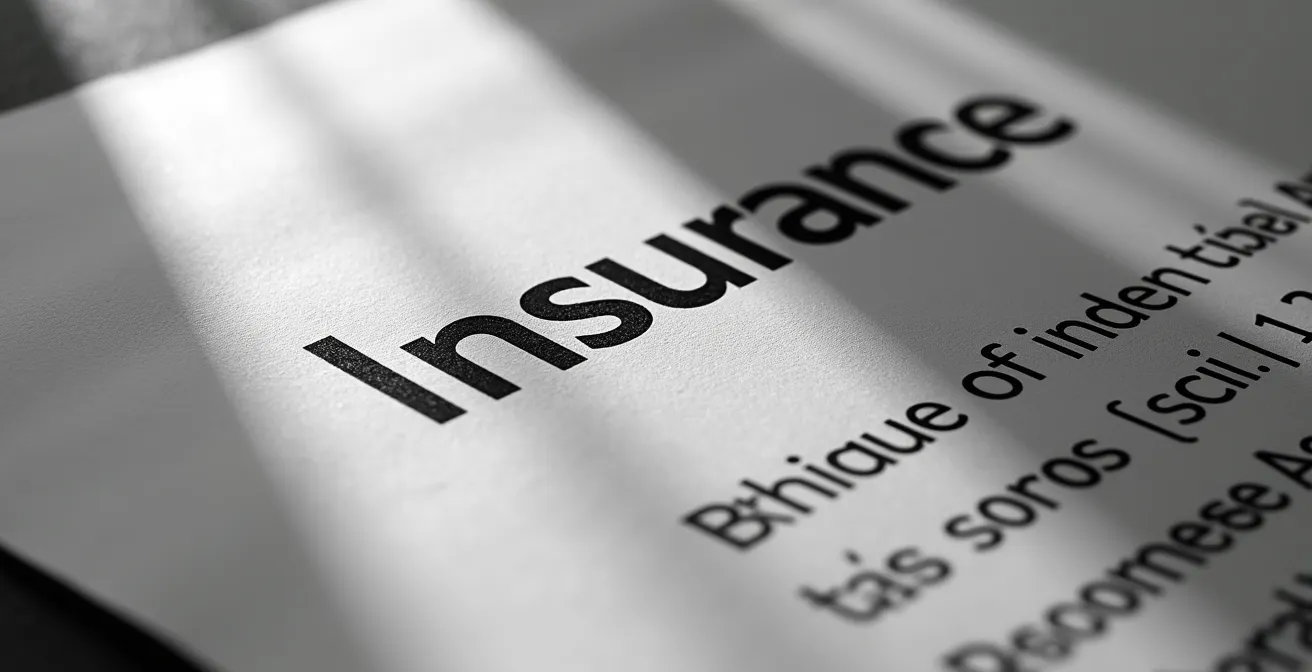 Vue macro de documents d'assurance avec zones floues et ombres dramatiques symbolisant l'exclusion de garantie