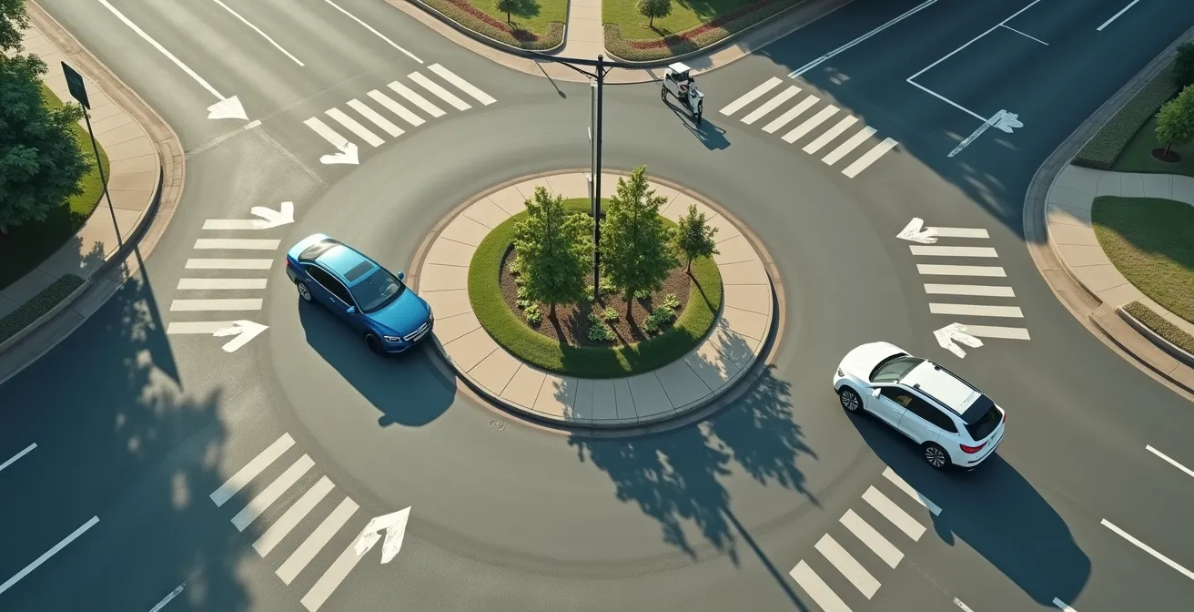 Vue aérienne d'un rond-point avec deux véhicules positionnés après collision