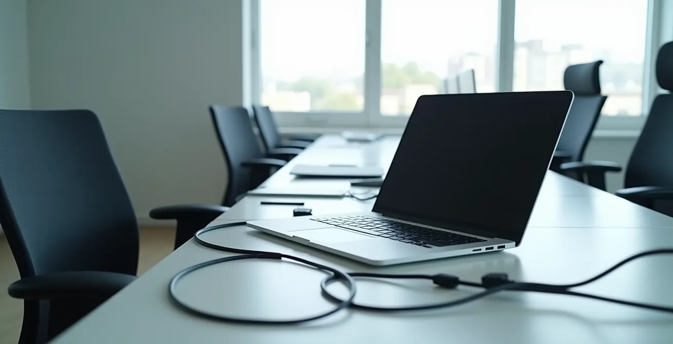 Environnement de bureau minimaliste avec ordinateur portable fermé et câbles réseau débranchés symbolisant une attaque informatique