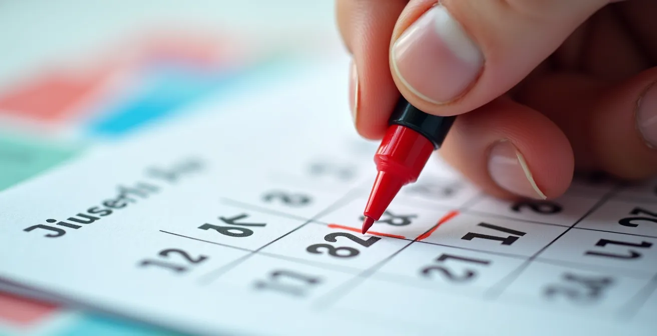 Main marquant une date importante sur un calendrier avec documents d'assurance flous en arrière-plan