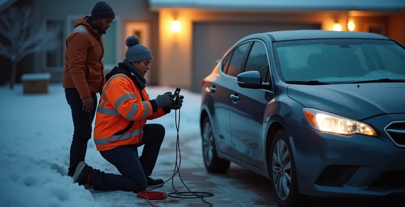 Dépanneur intervenant sur une voiture moderne devant une maison résidentielle au petit matin