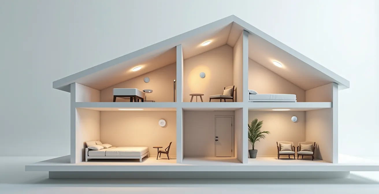 Vue d'architecte montrant plusieurs détecteurs reliés dans une maison à étages