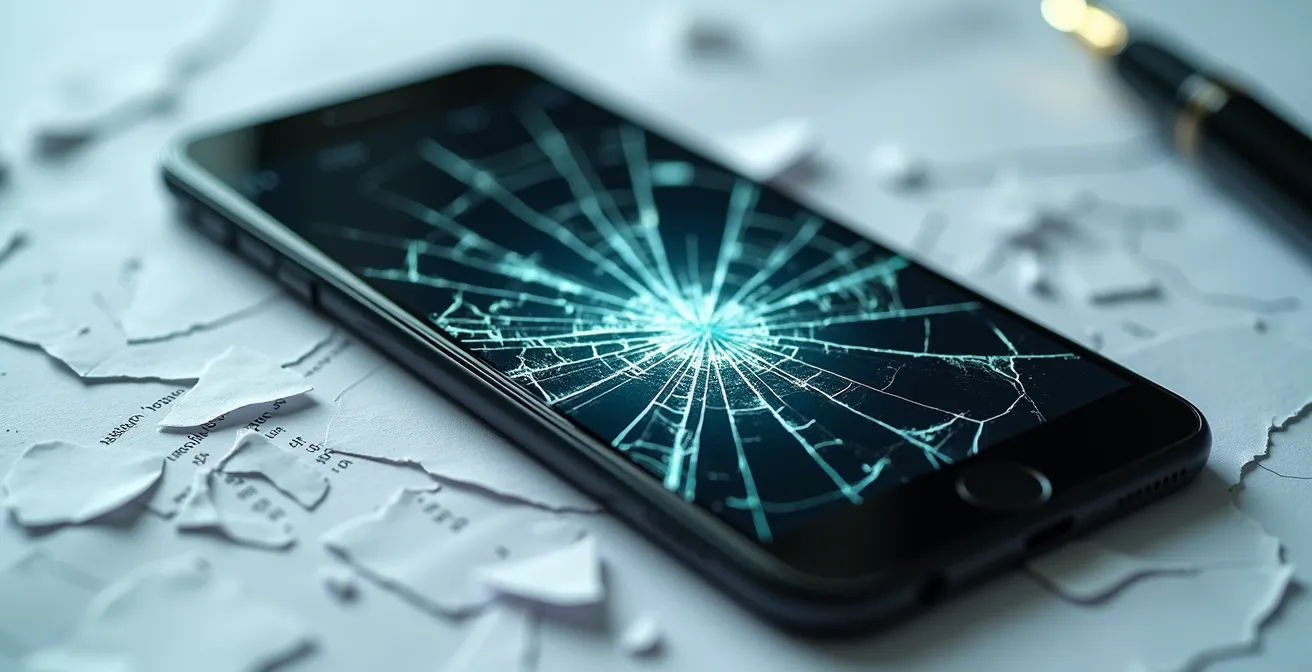 Composition photographique montrant les éléments de preuve pour un sinistre smartphone : écran cassé, stylo et documents flous.
