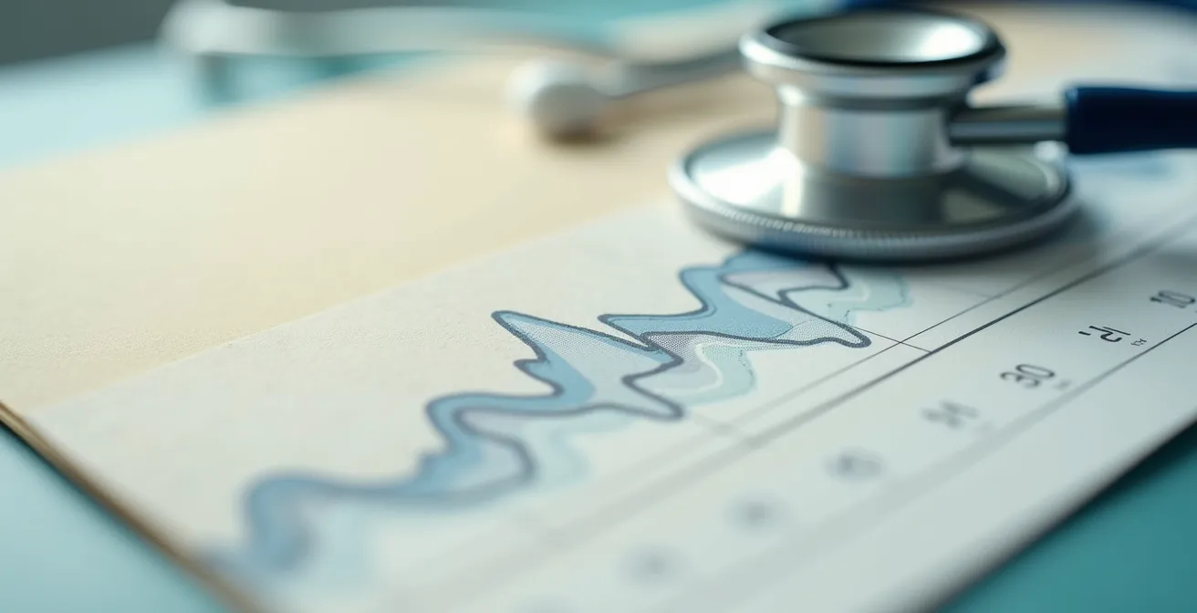 Vue macro d'un dossier médical avec graphique temporel suggérant une évolution sur plusieurs mois