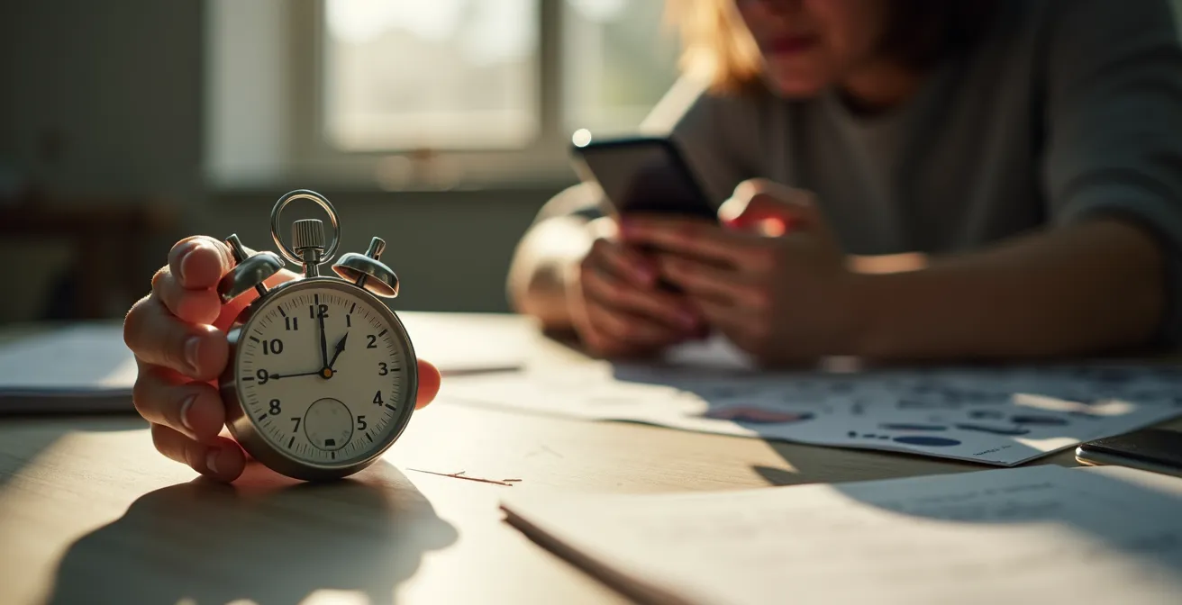 Main tenant un chronomètre pendant un appel téléphonique avec des documents d'assurance flous en arrière-plan