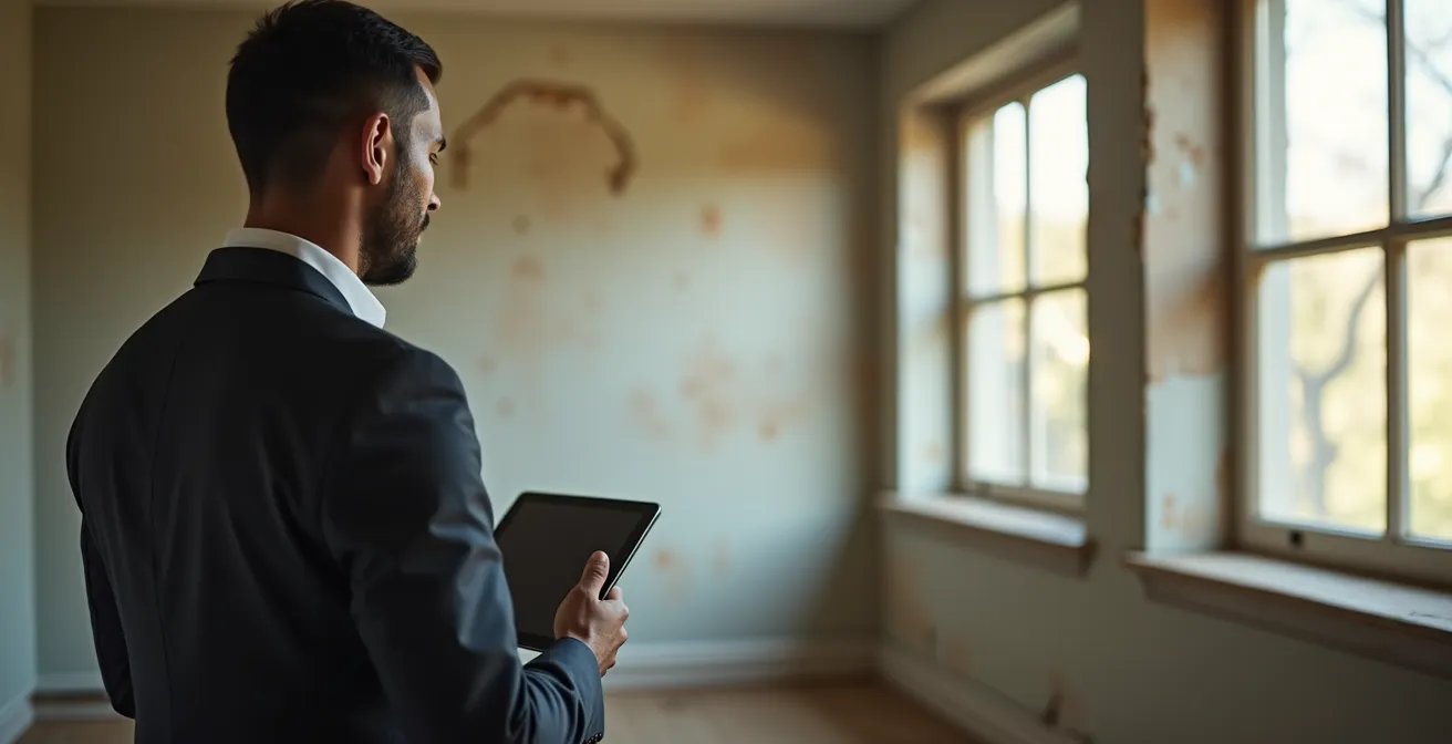 Expert en assurance évaluant les dégâts d'une maison après inondation