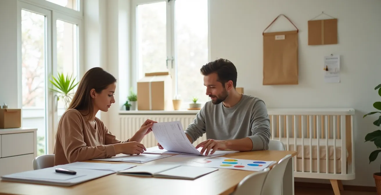Couple examinant des documents d'assurance autour d'une table avec symboles de vie en arrière-plan