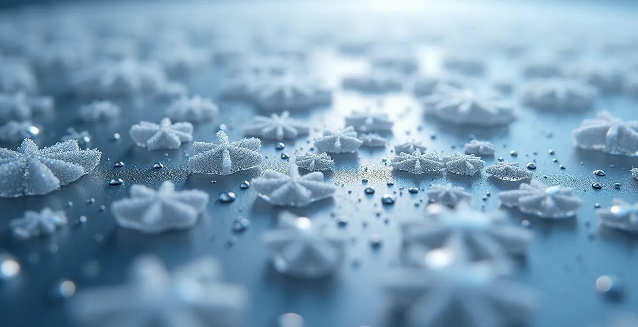 Vue macro détaillée de givre sur surface métallique évoquant une panne de système frigorifique