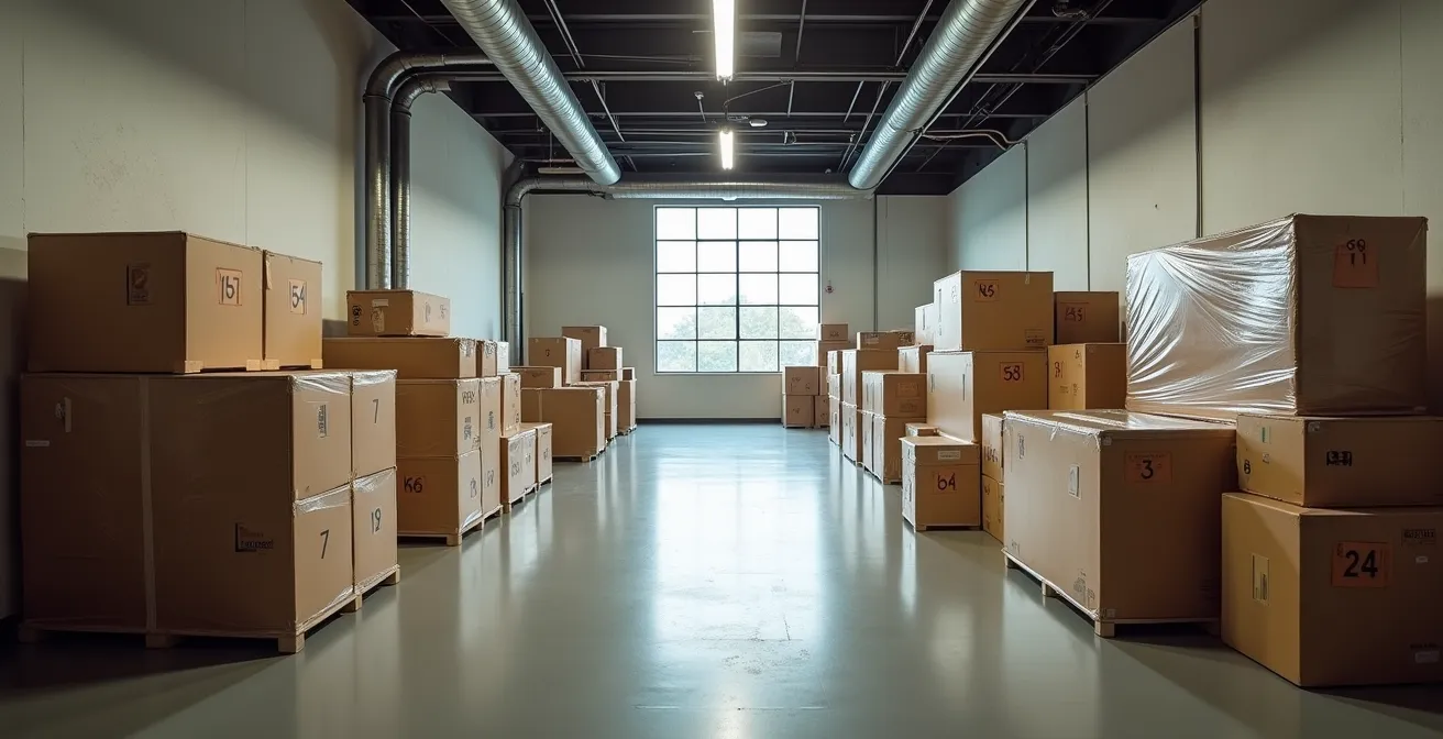 Intérieur d'un garde-meuble sécurisé avec meubles emballés et cartons numérotés après sinistre