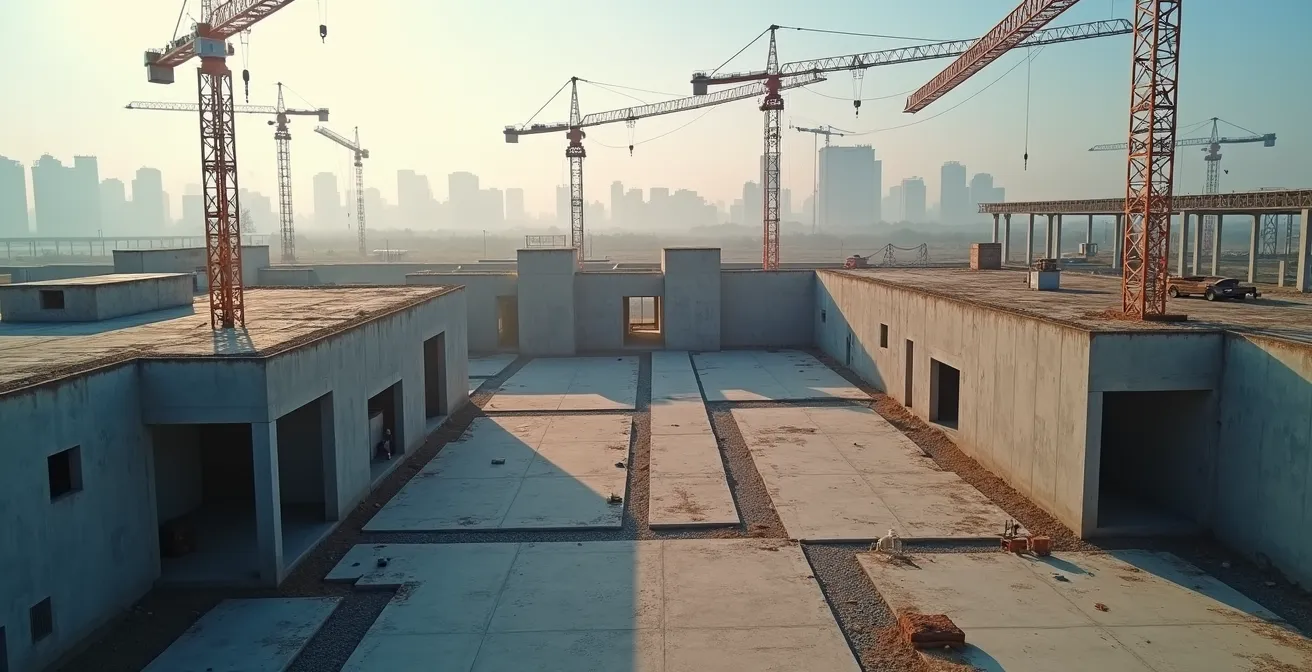 Vue aérienne minimaliste d'un chantier de construction avec grues et structures en béton, représentant l'évolution des coûts de construction