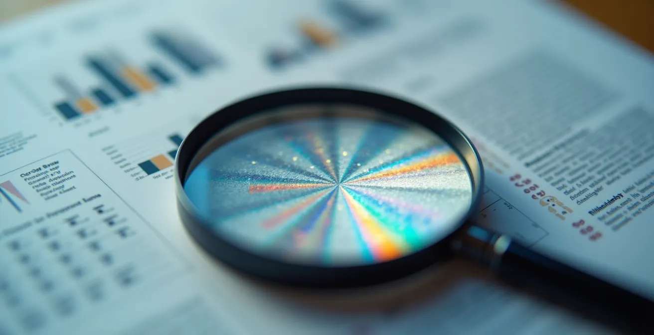 Main avec loupe analysant les sections clés d'une fiche d'information d'assurance
