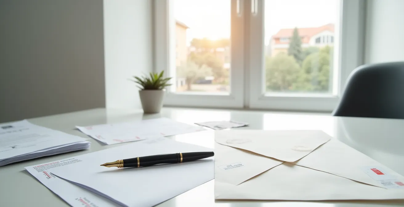 Bureau avec lettre recommandée et documents d'assurance organisés méthodiquement