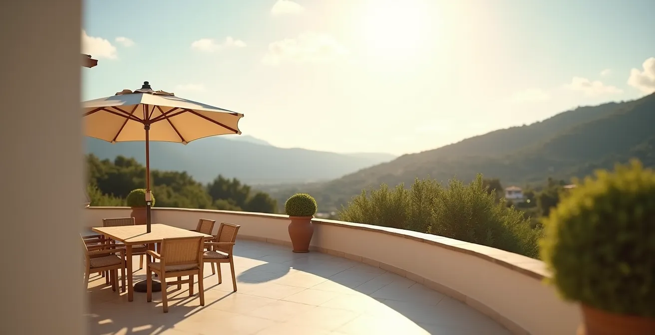 Vue large d'une terrasse de location de vacances avec mobilier d'extérieur, espace négatif important et ambiance estivale