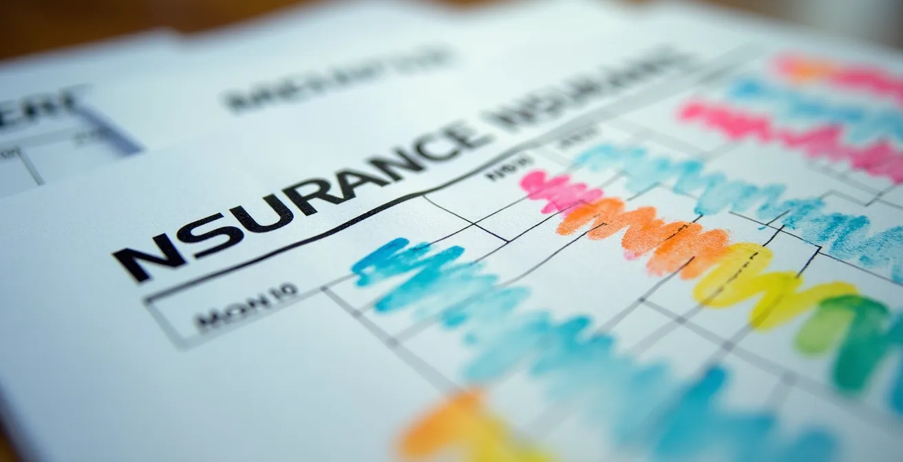 Vue macro de documents d'assurance avec surligneurs colorés marquant les garanties similaires