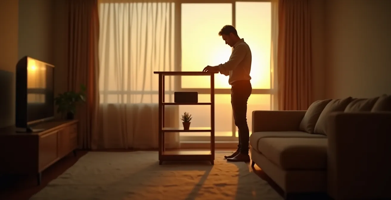 Intérieur de maison avec mobilier surélevé et éclairage naturel dramatique