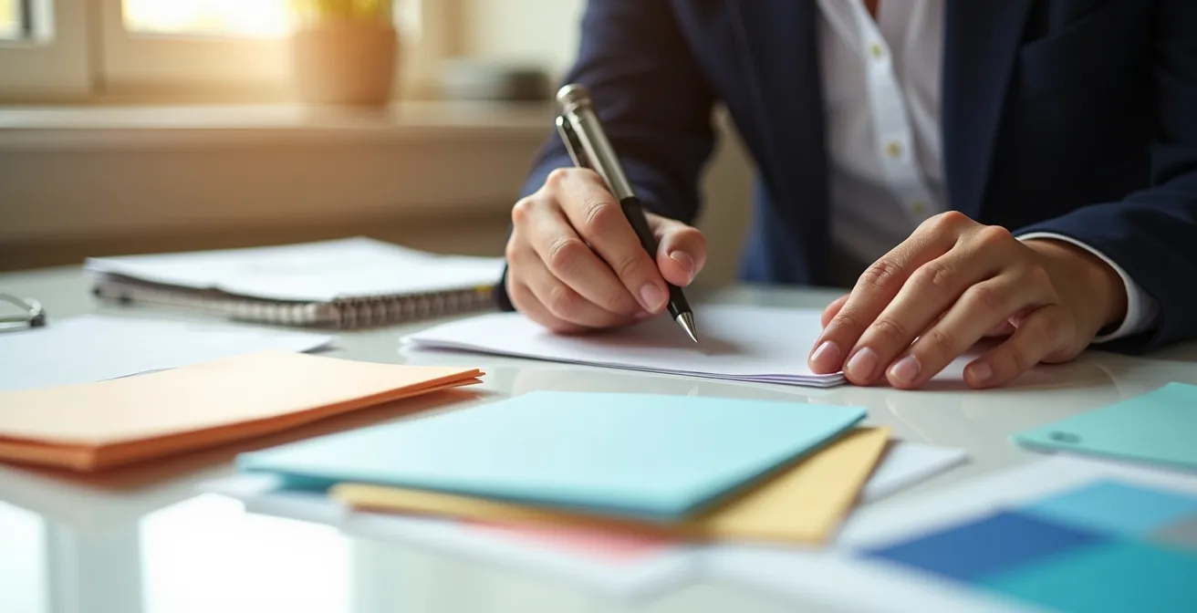 Personne triant méthodiquement des documents administratifs sur une table lumineuse