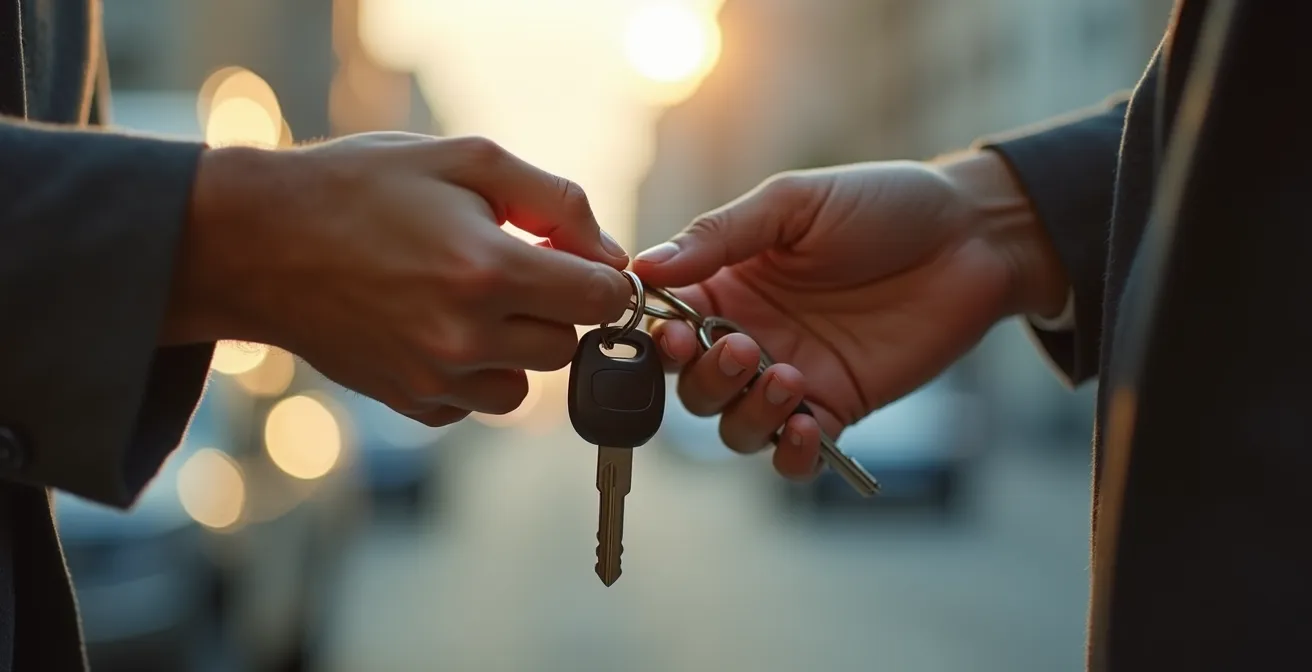 Échange de clés de voiture entre deux mains en gros plan avec arrière-plan flou