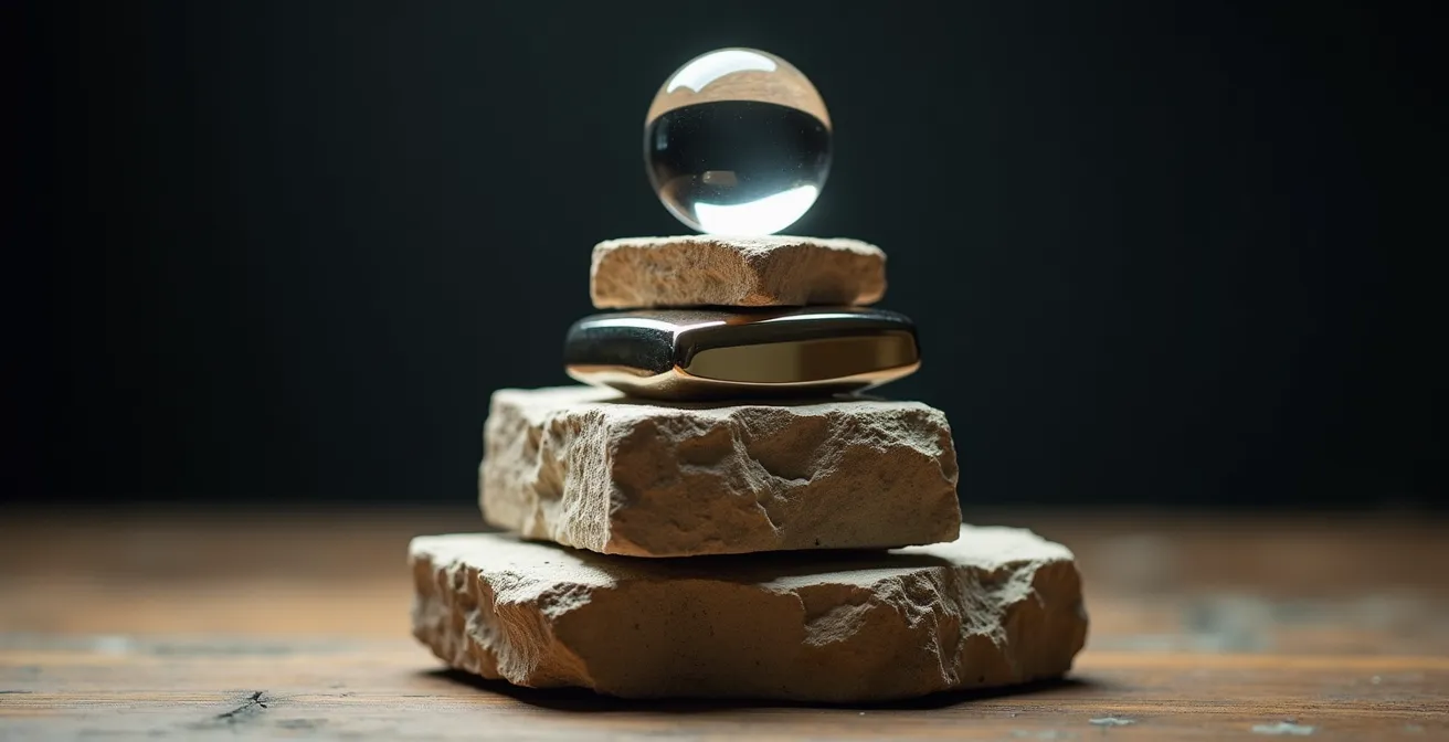 Composition symbolique avec objets empilés formant une pyramide, représentant la hiérarchie des garanties d'assurance