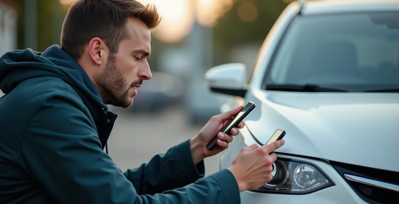Conducteur documentant méthodiquement les dégâts de sa voiture avec son smartphone dans un environnement sécurisé