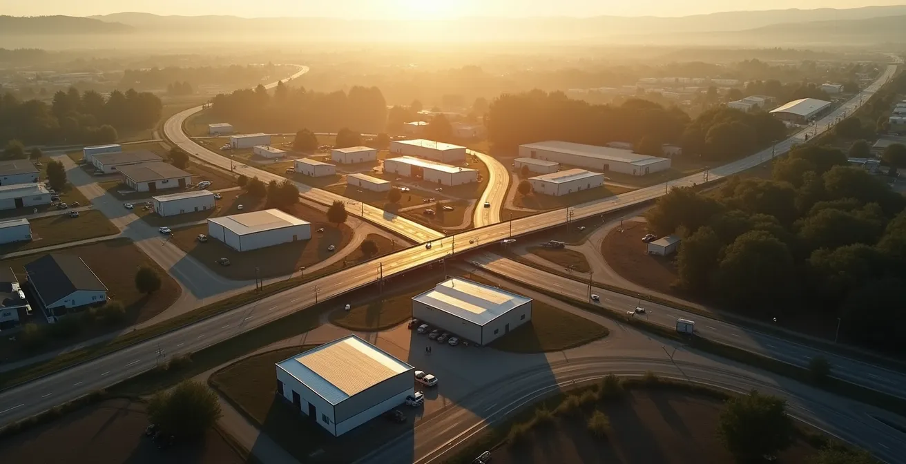Vue aérienne minimaliste d'un réseau routier avec points de repère suggérant des garages