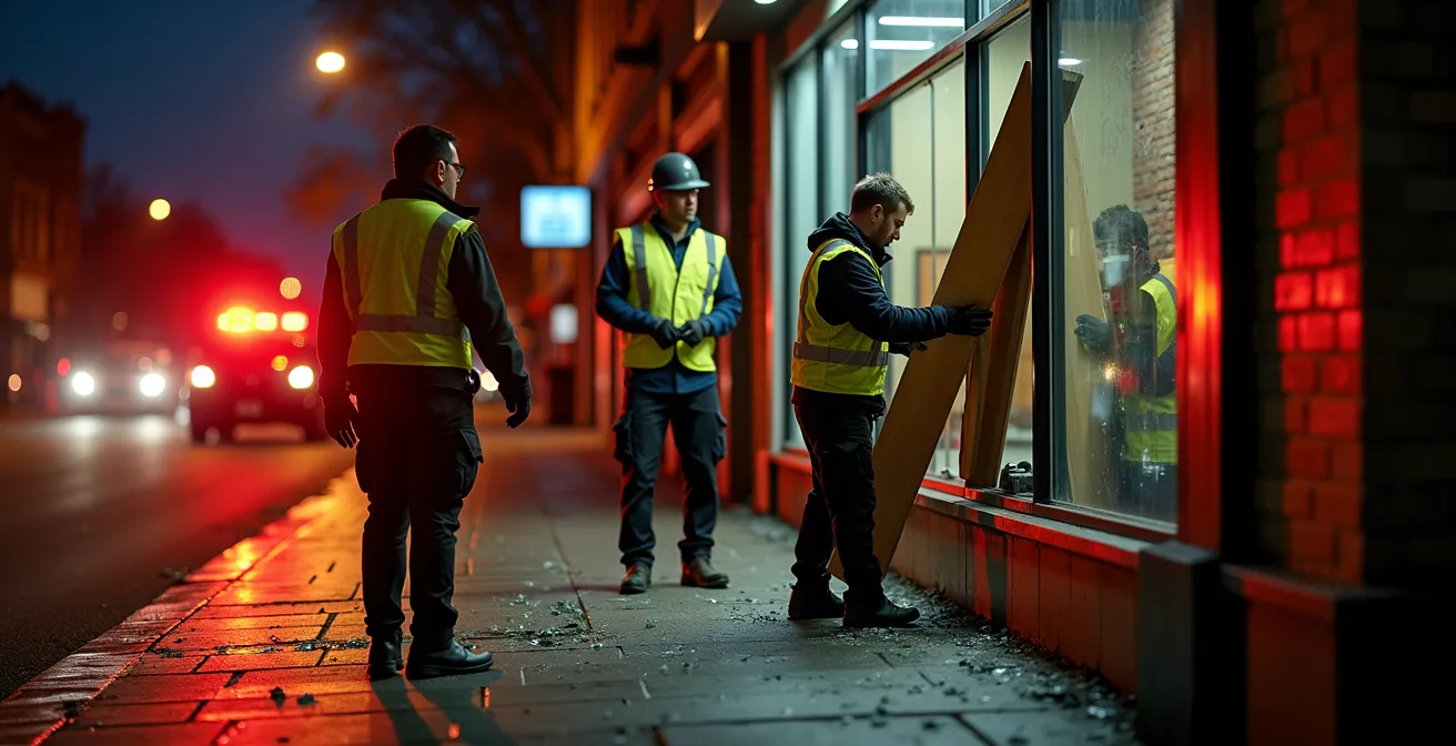 Intervention de sécurisation d'urgence sur une devanture de magasin avec vigile et ouvrier installant des panneaux de protection
