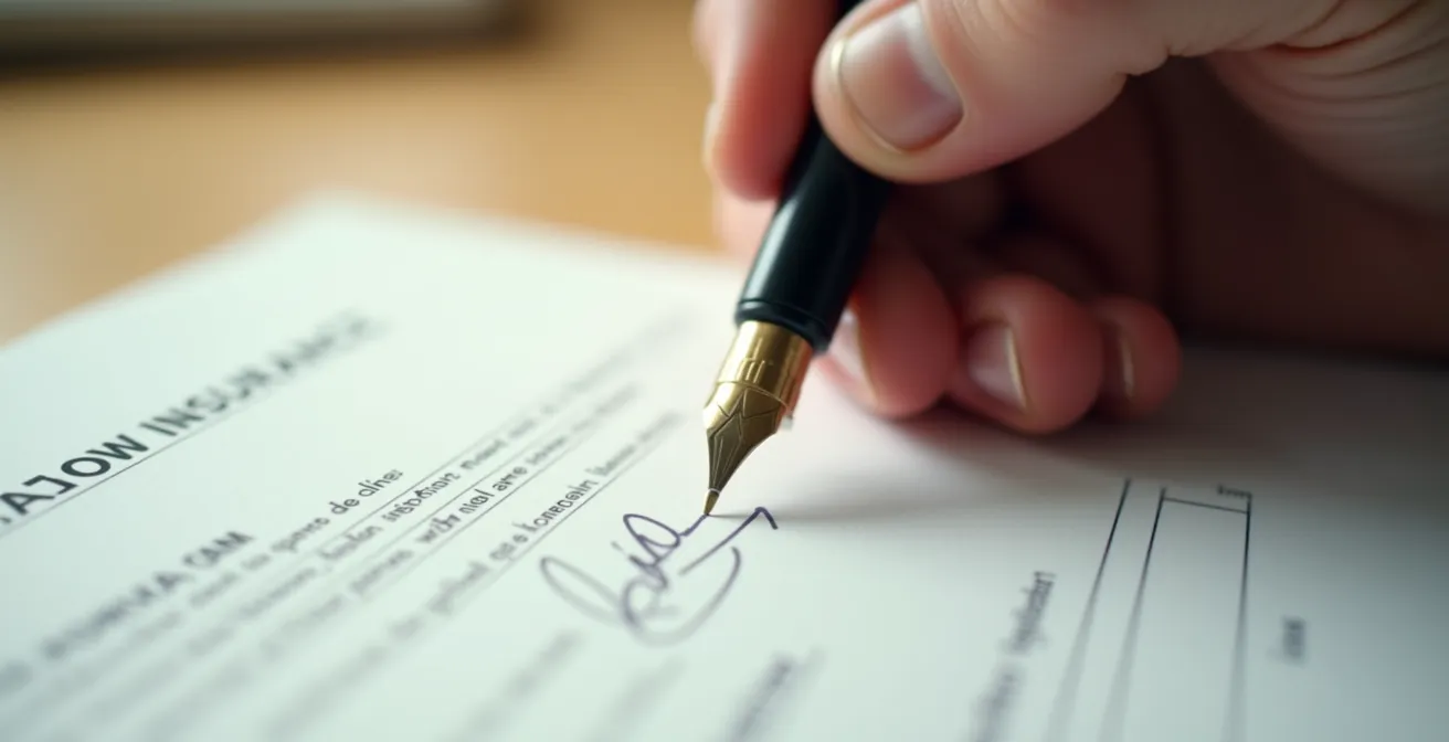 Main tenant un stylo au-dessus d'un contrat d'assurance avant signature, moment de réflexion