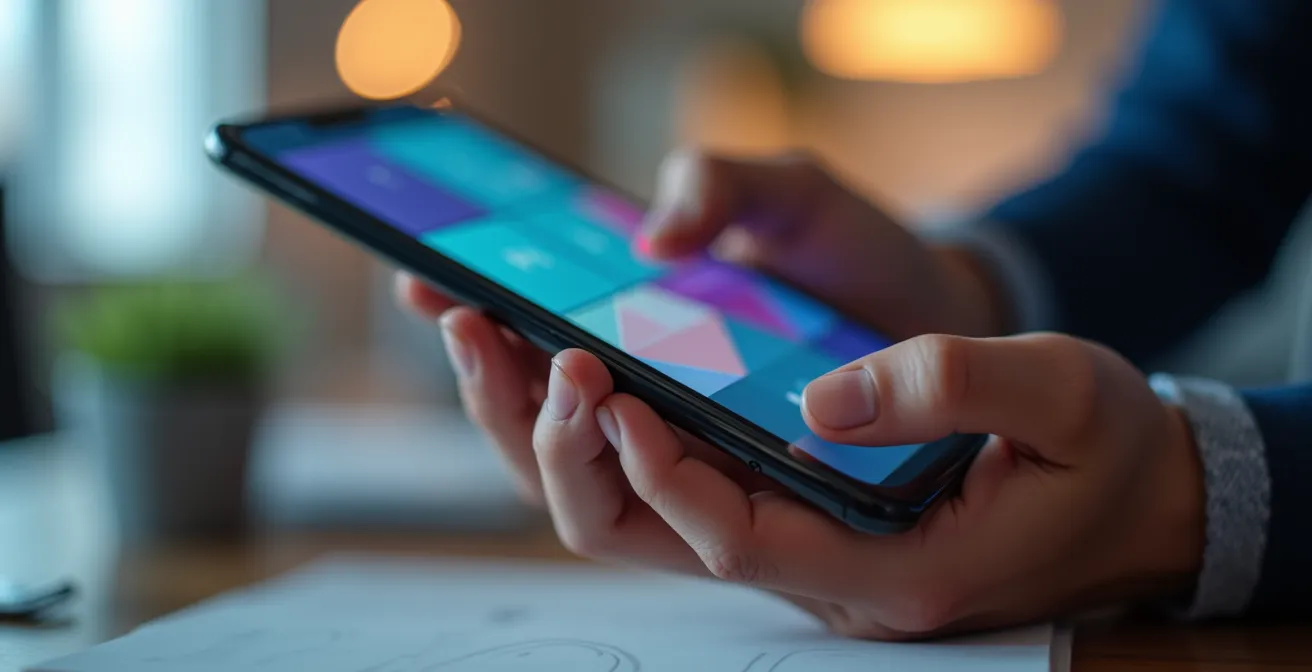 Main tenant un smartphone montrant une interface d'application avec des formes géométriques abstraites