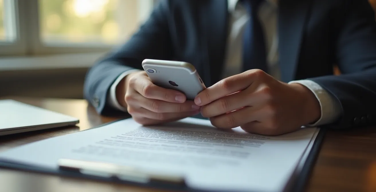 Main tenant un smartphone photographiant un document officiel sur une table