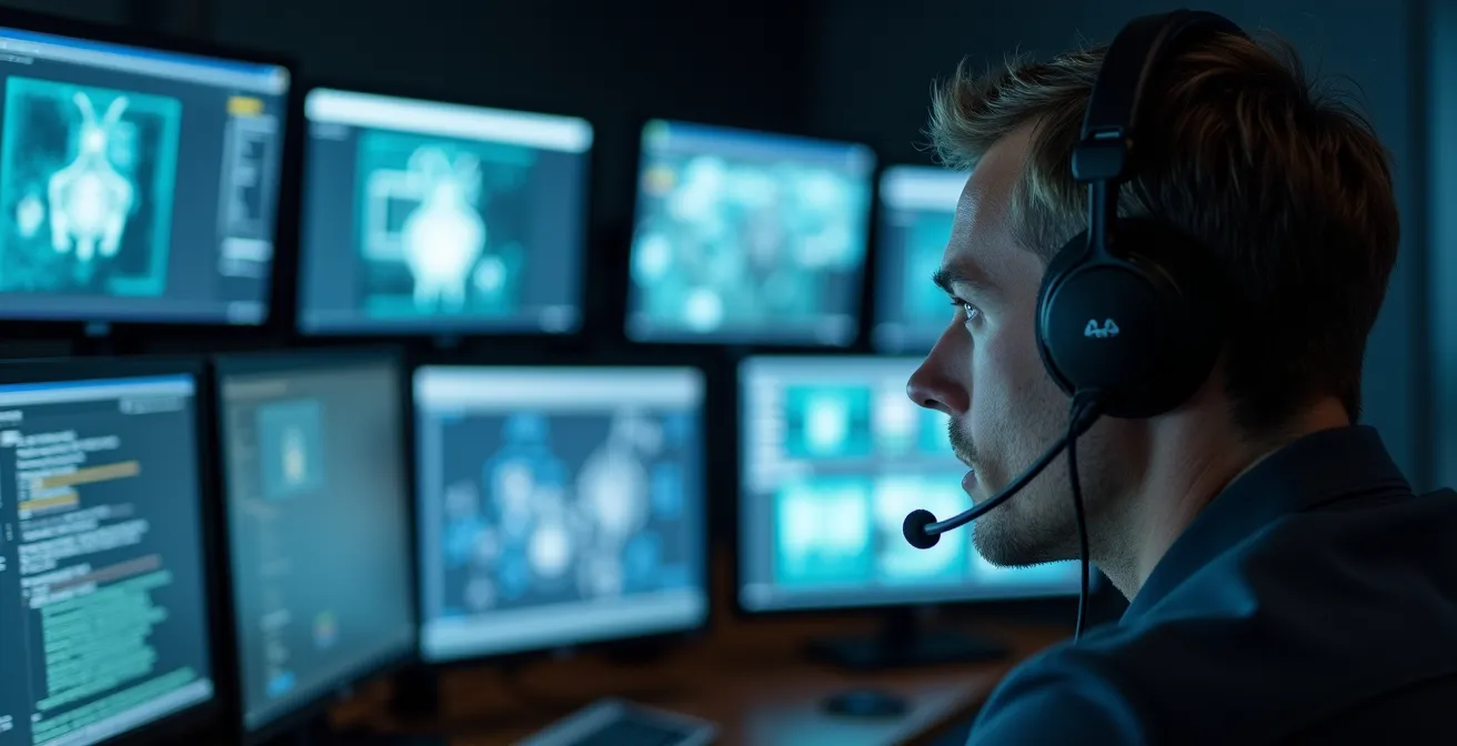 Opérateur de télésurveillance analysant des images en temps réel