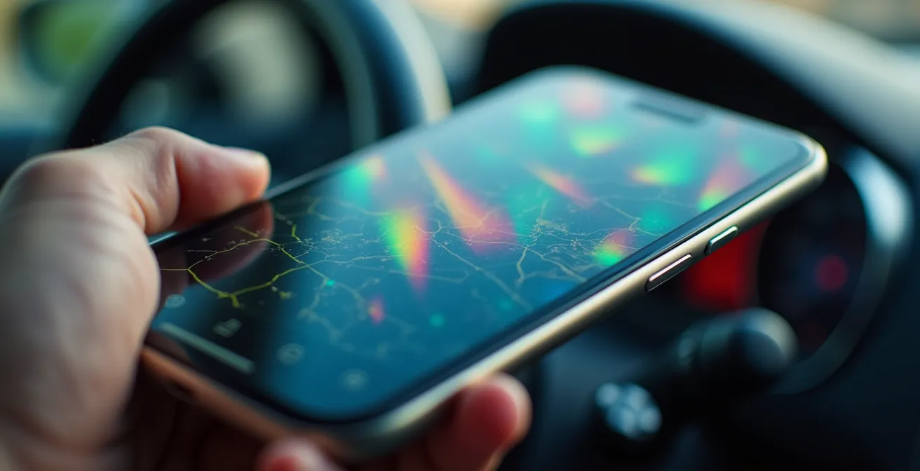 Vue macro détaillée d'un smartphone montrant une carte avec géolocalisation, angle évitant tout texte lisible