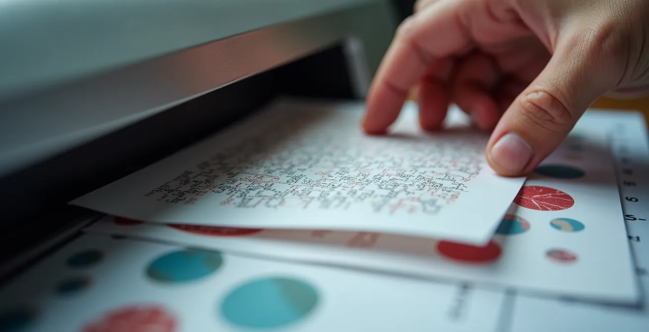 Vue macro de mains scannant des documents d'assurance avec un arrière-plan de bureau flou