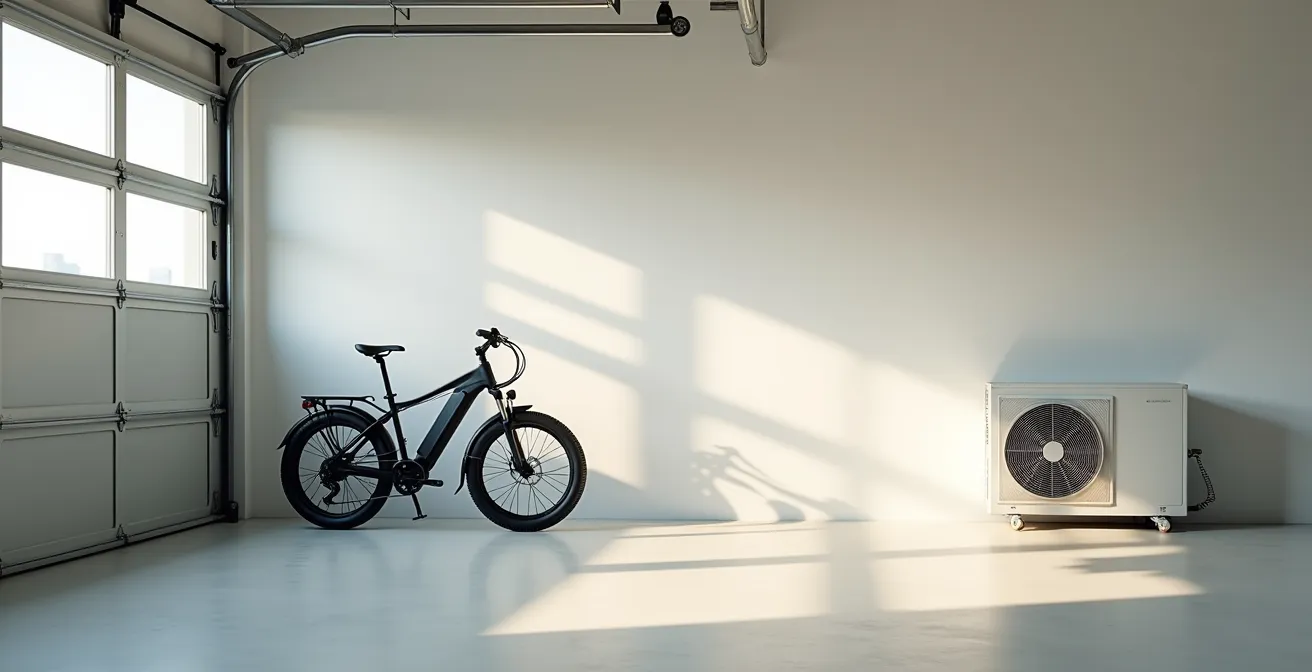 Vélo électrique et pompe à chaleur dans un garage avec effets de lumière dramatiques