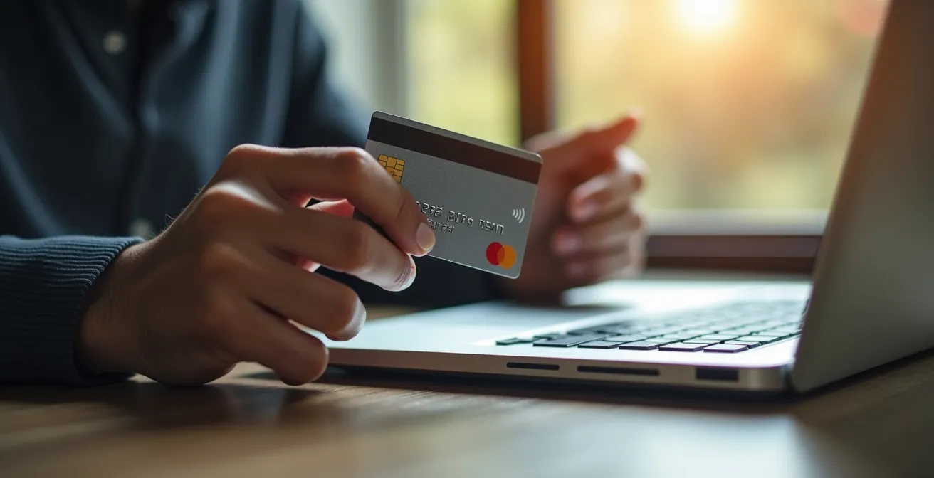 Mains tenant une carte bancaire près d'un ordinateur portable vu de profil