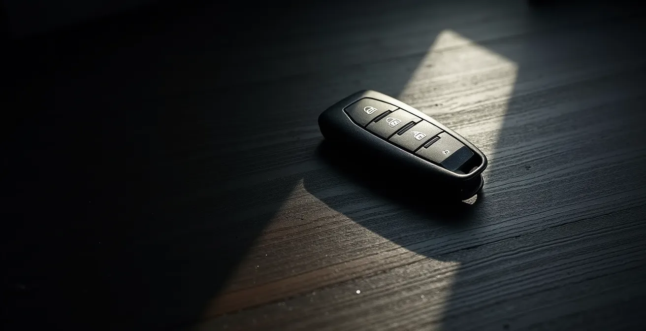 Clé de voiture moderne posée sur une surface avec ombre dramatique suggérant le danger