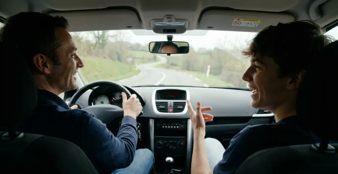 Adolescent en conduite accompagnée avec parent au volant sur route de campagne