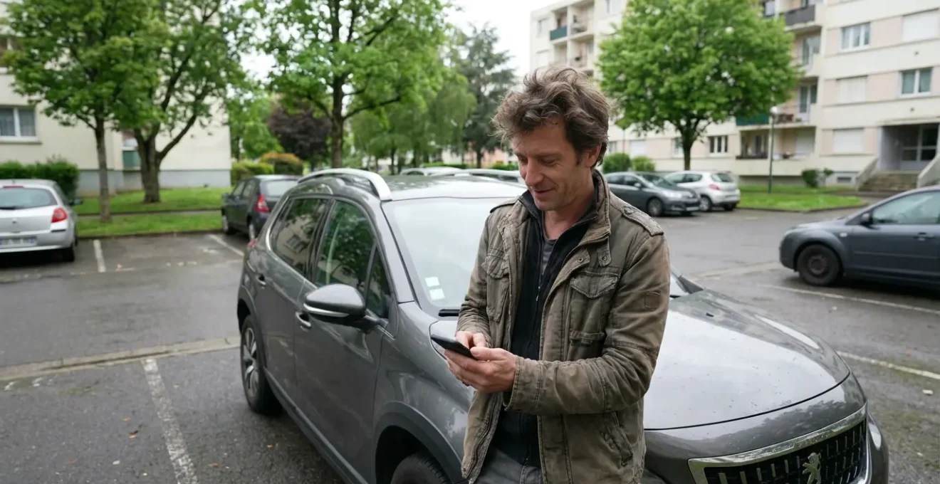 Conducteur vérifiant son assurance LLD à côté de son véhicule en location longue durée