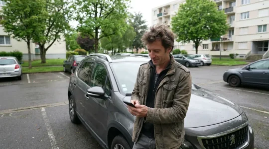 Conducteur vérifiant son assurance LLD à côté de son véhicule en location longue durée