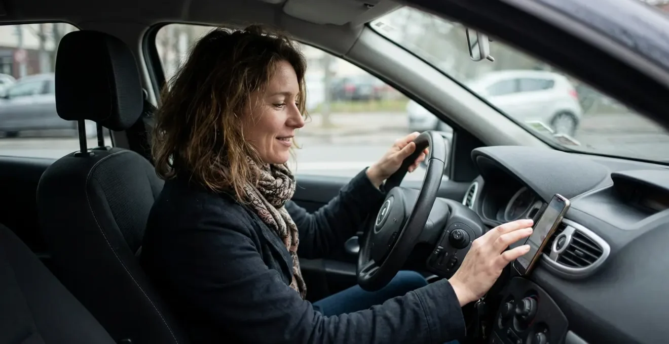 Conductrice vérifiant son attestation d'assurance auto avant de démarrer
